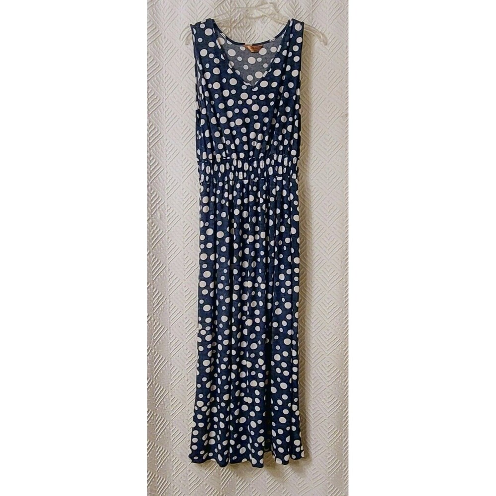 SJS Sleeveless Maxi Dress Size Large Polka Dots Blue White Elastic Waist - Picture 2 of 5
